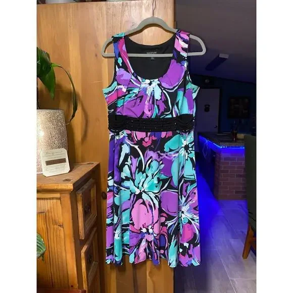 Perceptions Dress Size 14P Fit & Flare Midi Purple Teal & Black Floral Beaded - Picture 3 of 9